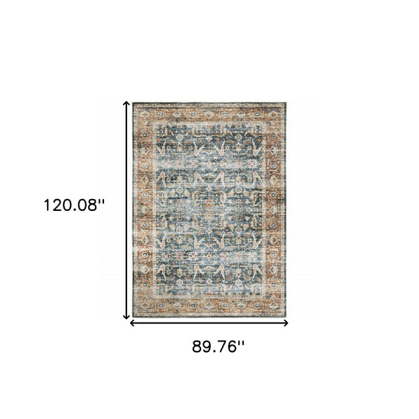 Homeroots 7' X 10' Blue And Beige Oriental Non Skid Area Rug Blue,Rust Polyester 510390