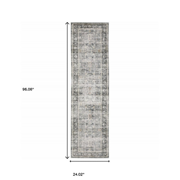 Homeroots 2' X 8' Charcoal Grey Salmon And Ivory Oriental Printed Stain Resistant Non Skid Runner Rug Charcoal,Grey Polyester 510392