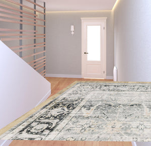 Homeroots 2' X 8' Charcoal Grey Salmon And Ivory Oriental Printed Stain Resistant Non Skid Runner Rug Charcoal,Grey Polyester 510392