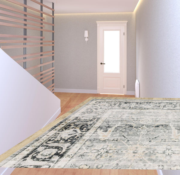 Homeroots 2' X 8' Charcoal Grey Salmon And Ivory Oriental Printed Stain Resistant Non Skid Runner Rug Charcoal,Grey Polyester 510392