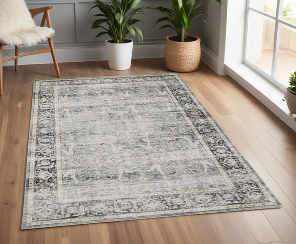Homeroots 4' X 6' Gray And Ivory Oriental Non Skid Area Rug Charcoal,Grey Polyester 510393