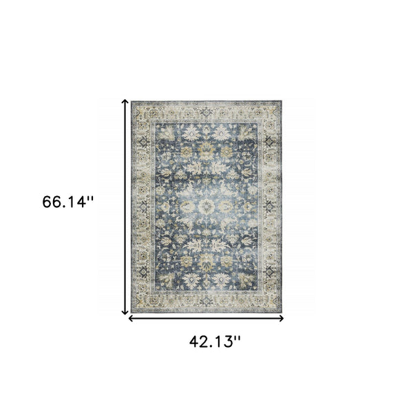 Homeroots 4' X 6' Blue And Ivory Oriental Non Skid Area Rug Blue,Gold Polyester 510398