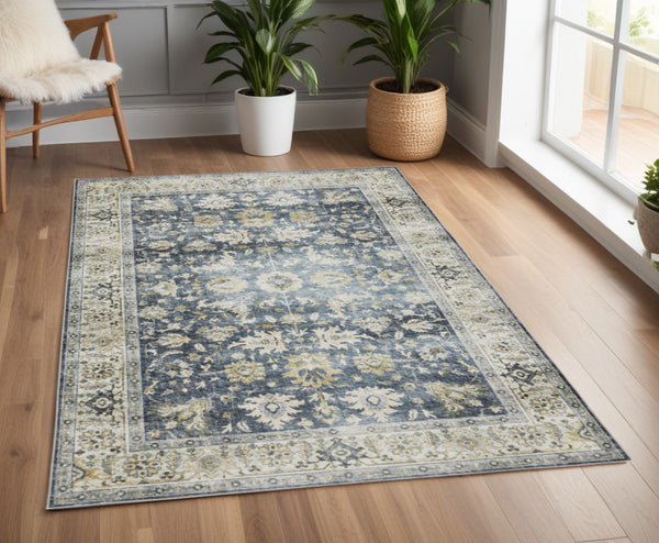 Homeroots 4' X 6' Blue And Ivory Oriental Non Skid Area Rug Blue,Gold Polyester 510398