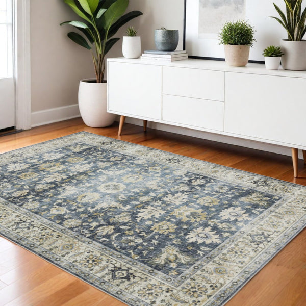 HomeRoots 4' Blue and Ivory Oriental Area Rug with Non-Skid Backing – Durable, Stylish, and Easy to Maintain 4' X 6' 510398