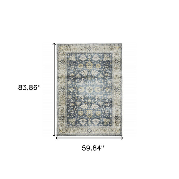 HomeRoots 4' Blue and Ivory Oriental Area Rug with Non-Skid Backing – Durable, Stylish, and Easy to Maintain 5' X 7' 510399