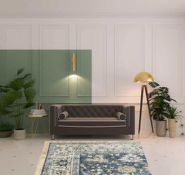 Homeroots 5' X 7' Blue Gold Green And Ivory Oriental Printed Stain Resistant Non Skid Area Rug Blue,Gold Polyester 510399