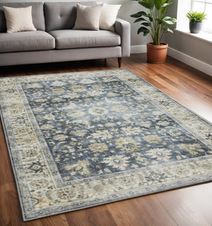HomeRoots 4' Blue and Ivory Oriental Area Rug with Non-Skid Backing – Durable, Stylish, and Easy to Maintain 5' X 7' 510399