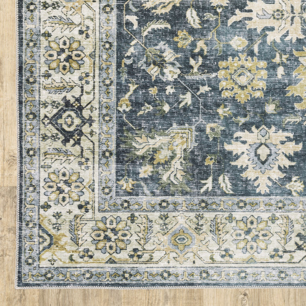 Homeroots 5' X 7' Blue Gold Green And Ivory Oriental Printed Stain Resistant Non Skid Area Rug Blue,Gold Polyester 510399