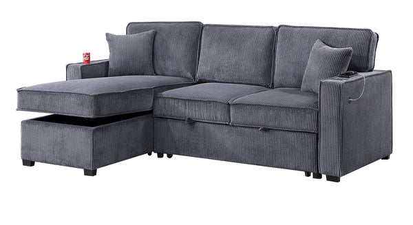 English Elm Convertible Corduroy Sectional Sofa with Reversible Chaise, Hidden Storage, USB Port & Pull-Out Bed Dark Gray 60 L x 30 W x 19 H B011S01243