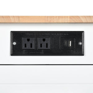 English Elm K&k Rolling Kitchen Island Rubber Wood Top Fluted Cabinet Built-in Charging Station White N707S221571W