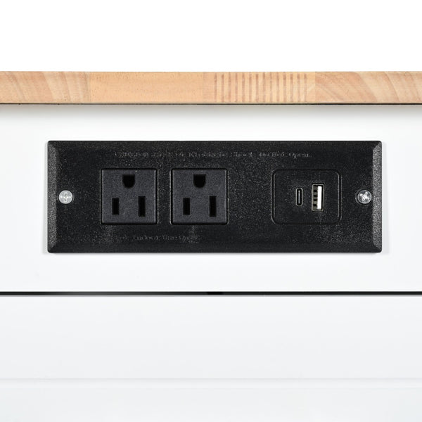 English Elm K&k Rolling Kitchen Island Rubber Wood Top Fluted Cabinet Built-in Charging Station White N707S221571W