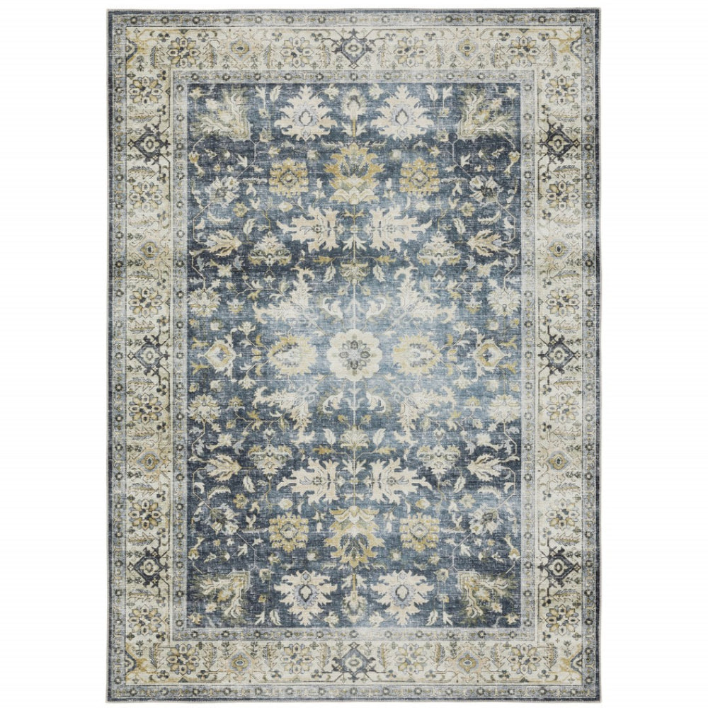 HomeRoots 4' Blue and Ivory Oriental Area Rug with Non-Skid Backing – Durable, Stylish, and Easy to Maintain 7' X 10' 510400