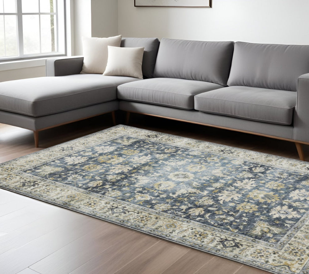 HomeRoots 4' Blue and Ivory Oriental Area Rug with Non-Skid Backing – Durable, Stylish, and Easy to Maintain 7' X 10' 510400