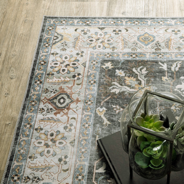 Homeroots 5' X 7' Grey Charcoal Gold Brown Ivory Pale Sage And Light Blue Oriental Printed Stain Resistant Non Skid Area Rug Charcoal,Gold Polyester 510404