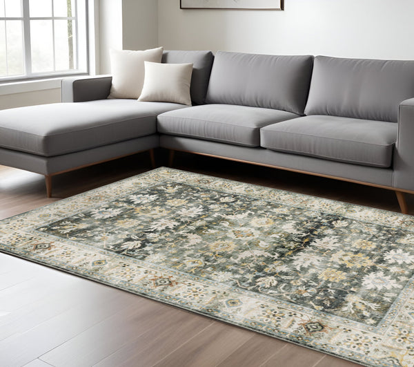 Homeroots 7' X 10' Gray And Ivory Oriental Non Skid Area Rug Charcoal,Gold Polyester 510405