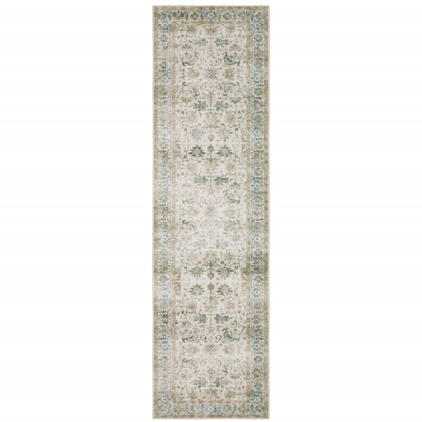 Homeroots 2' X 8' Grey Orange Blue Gold Green And Rust Oriental Printed Stain Resistant Non Skid Runner Rug Gray,Multi Polyester 510407