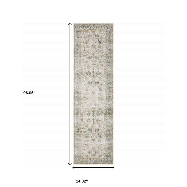 Homeroots 2' X 8' Grey Orange Blue Gold Green And Rust Oriental Printed Stain Resistant Non Skid Runner Rug Gray,Multi Polyester 510407