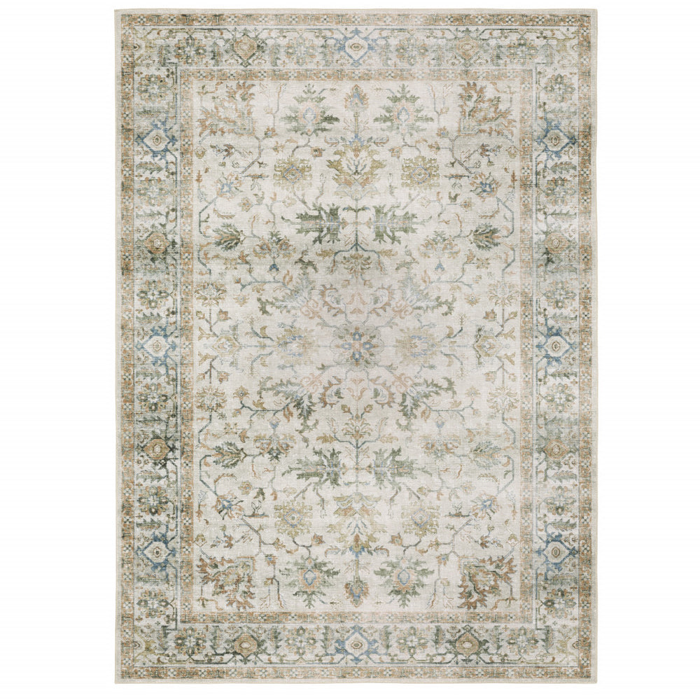 Homeroots 5' X 7' Grey Orange Blue Gold Green And Rust Oriental Printed Stain Resistant Non Skid Area Rug Gray,Multi Polyester 510409