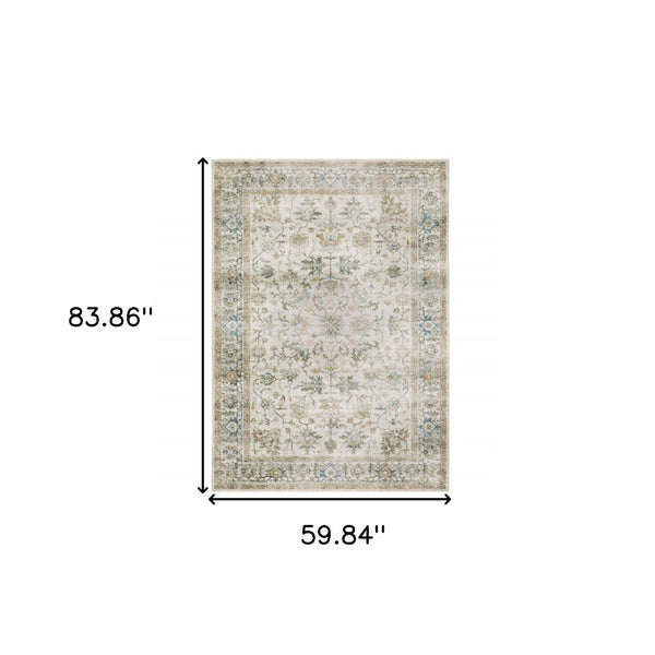 HomeRoots 4' Blue and Ivory Oriental Area Rug with Non-Skid Backing – Durable, Stylish, and Easy to Maintain 5' X 7' 510409