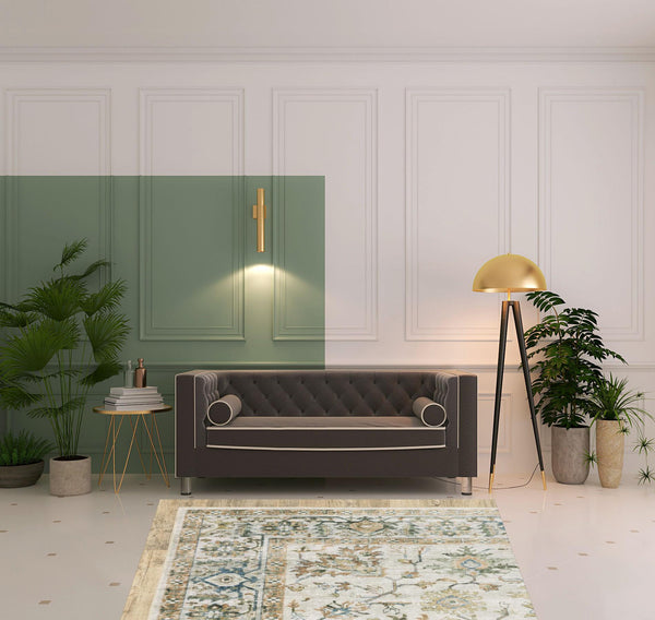 Homeroots 5' X 7' Grey Orange Blue Gold Green And Rust Oriental Printed Stain Resistant Non Skid Area Rug Gray,Multi Polyester 510409