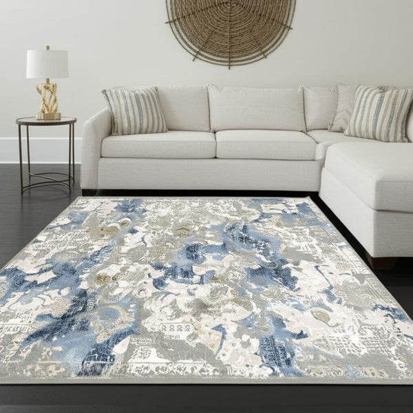 HomeRoots 2' Abstract Runner Rug in Grey Blue Ivory Navy Beige & Brown – Stain Resistant, Durable Design for Home 8' X 11' 510412