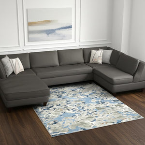 HomeRoots 2' Contemporary Abstract Runner Rug in Grey, Blue, Ivory, Navy & Brown - Stain Resistant Design 8' X 11' 510413