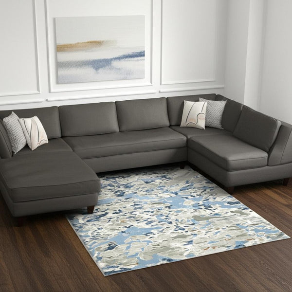 HomeRoots 2' Contemporary Abstract Runner Rug in Grey, Blue, Ivory, Navy & Brown - Stain Resistant Design 8' X 11' 510413