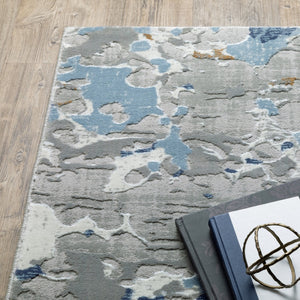 HomeRoots 2' Contemporary Abstract Runner Rug in Grey, Blue, Ivory, Navy & Brown - Stain Resistant Design 8' X 11' 510413