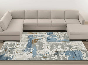 HomeRoots 2' Abstract Power Loom Runner Rug in Grey, Blue, Navy, Ivory & Brown - Stain Resistant & Durable Design 8' X 11' 510414