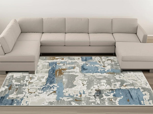 HomeRoots 2' Abstract Power Loom Runner Rug in Grey, Blue, Navy, Ivory & Brown - Stain Resistant & Durable Design 8' X 11' 510414