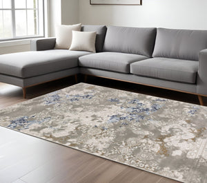 HomeRoots 2' Stylish Grey Blue Ivory Brown Navy Abstract Power Loom Runner Rug - Stain Resistant & Durable Design 8' X 11' 510416