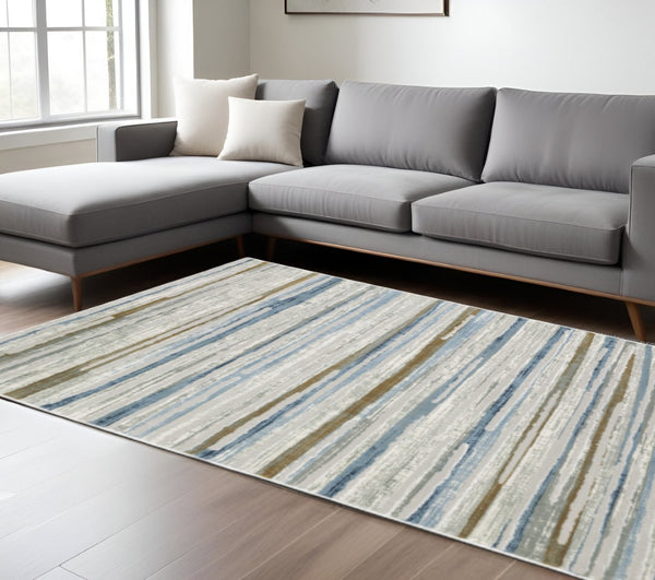 HomeRoots 8' Abstract Beige and Blue Runner Rug – Stylish, Stain-Resistant, Soft Pile for High-Traffic Spaces 8' X 11' 510418