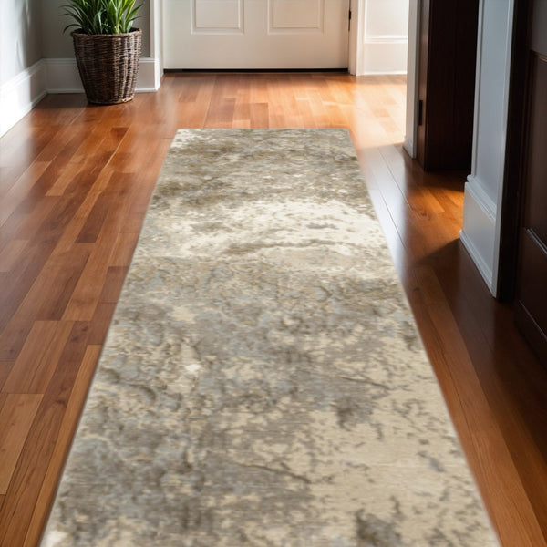 HomeRoots 10' Gray and Ivory Abstract Area Rug - Stylish Power Loomed Design for Modern Homes and Durability 2'6" x 12' 510431