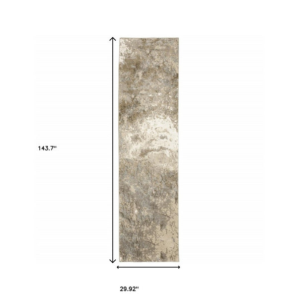 HomeRoots 10' Gray and Ivory Abstract Area Rug - Stylish Power Loomed Design for Modern Homes and Durability 2'6" x 12' 510431