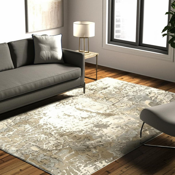 HomeRoots 10' Gray and Ivory Abstract Area Rug - Stylish Power Loomed Design for Modern Homes and Durability 5' X 7' 510433