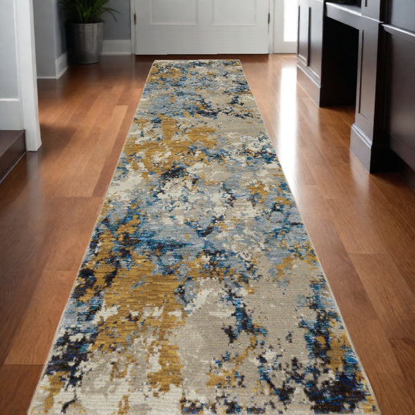 HomeRoots 10' Gray and Ivory Abstract Area Rug - Contemporary Power Loom Design for Easy Maintenance and Style 2'6" x 12' 510458