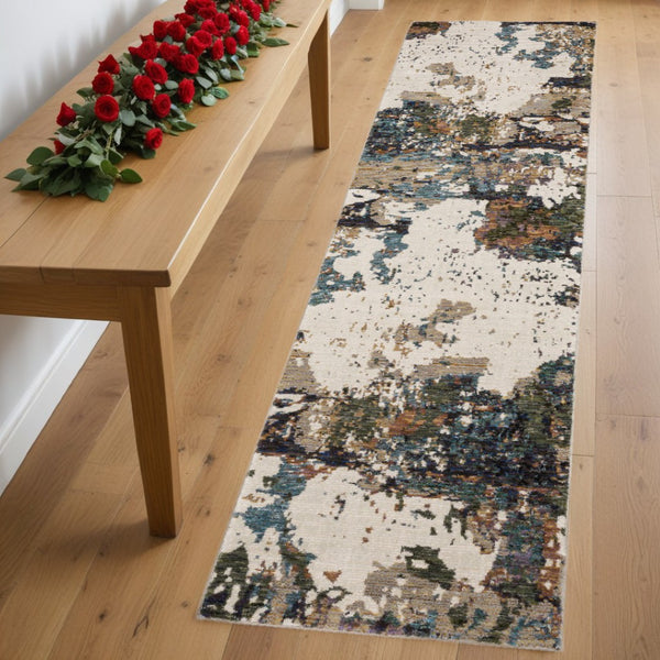 HomeRoots 10' Modern Blue and Ivory Abstract Area Rug - Stain Resistant, Power Loomed for Style and Durability 2'3" x 8' 510466