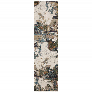 HomeRoots 10' Modern Blue and Ivory Abstract Area Rug - Stain Resistant, Power Loomed for Style and Durability 2'6" x 12' 510467