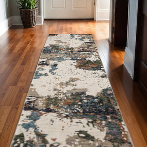 HomeRoots 10' Modern Blue and Ivory Abstract Area Rug - Stain Resistant, Power Loomed for Style and Durability 2'6" x 12' 510467