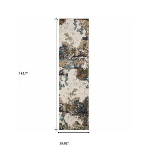 HomeRoots 10' Modern Blue and Ivory Abstract Area Rug - Stain Resistant, Power Loomed for Style and Durability 2'6" x 12' 510467