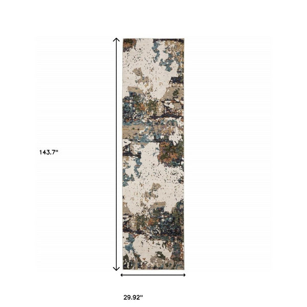HomeRoots 10' Modern Blue and Ivory Abstract Area Rug - Stain Resistant, Power Loomed for Style and Durability 2'6" x 12' 510467