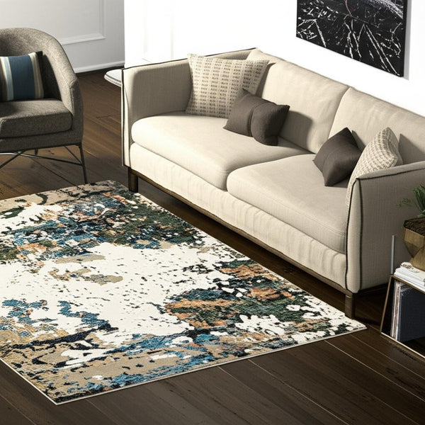 HomeRoots 10' Modern Blue and Ivory Abstract Area Rug - Stain Resistant, Power Loomed for Style and Durability 5' X 7' 510469