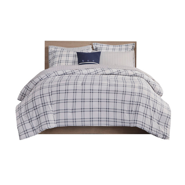 JLA Home Madison Park Essentials - 8 Madison Park Essentials Patrick Reversible Comforter Set with Sheets, Navy Plaid, OEKO‑TEX, Antimicrobial Finish MPE10-876