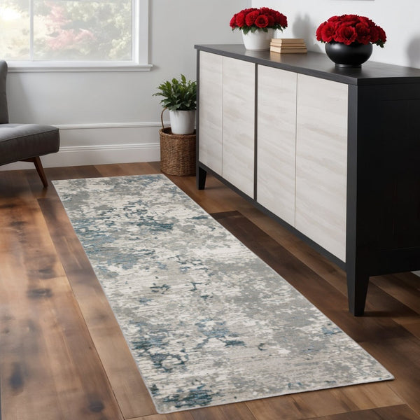 HomeRoots 10' Blue and Beige Abstract Area Rug - Durable, Stain-Resistant Design for Modern Living Spaces 2'3" x 8' 510484