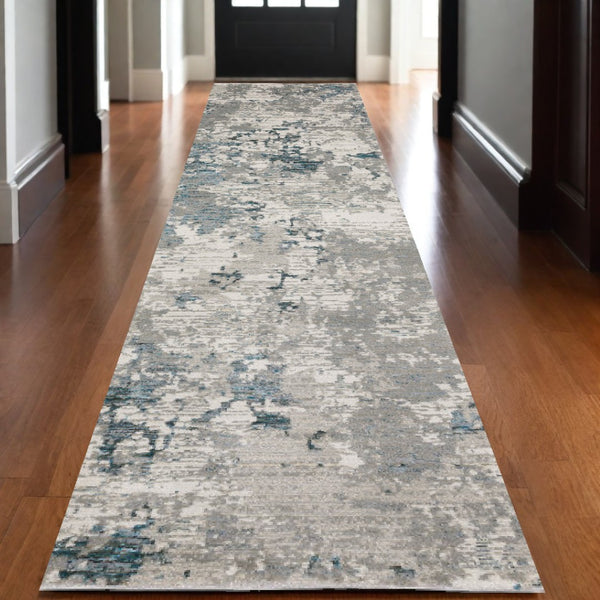 HomeRoots 10' Blue and Beige Abstract Area Rug - Durable, Stain-Resistant Design for Modern Living Spaces 2'6" x 12' 510485