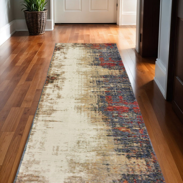 HomeRoots 10' Blue and Beige Abstract Power Loom Area Rug - Modern Elegance with Stain Resistance & Durability 2'6" x 12' 510503
