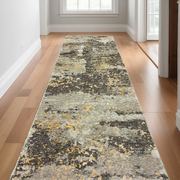 Homeroots 12' Runner Grey And Gold Abstract Power Loom Runner Rug  Other Material 510522