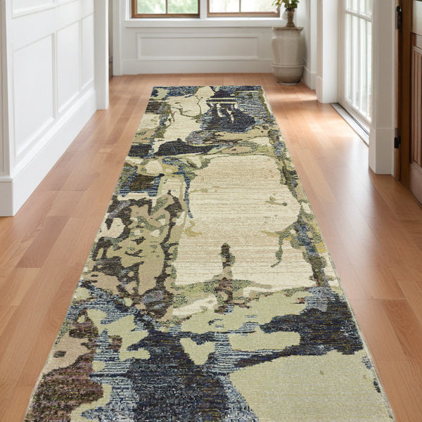 Homeroots 12' Runner Blue And Grey Abstract Power Loom Runner Rug  Other Material 510531