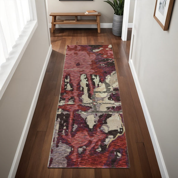 HomeRoots 10' Contemporary Abstract Red and Beige Area Rug – Durable, Stain-Resistant for Homes with Pets 2'3" x 8' 510539