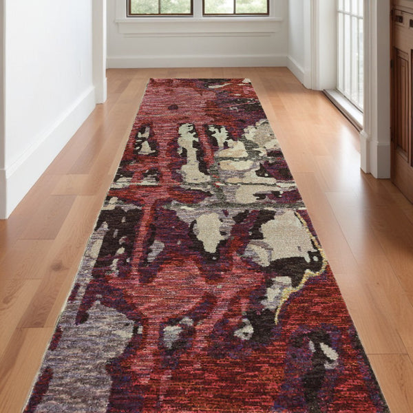 HomeRoots 10' Contemporary Abstract Red and Beige Area Rug – Durable, Stain-Resistant for Homes with Pets 2'6" x 12' 510540